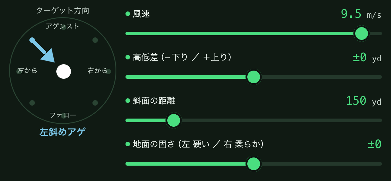 風向計ダイヤルと、風速・高低差・斜面の距離・地面の固さのスライダー