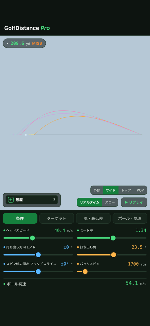 サイドビュー。弾道の高さと落ち際の角度を真横から比較している
