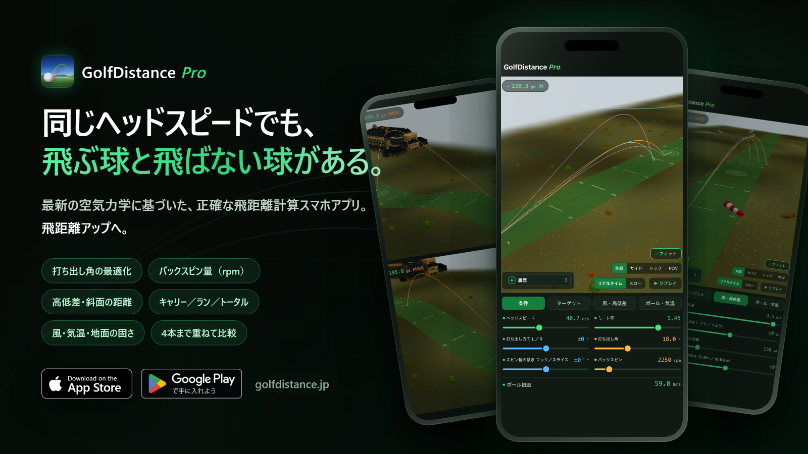 GolfDistance Pro｜同じヘッドスピードでも、飛ぶ球と飛ばない球がある。打ち出し角・スピン量・高低差を3Dで検証できるiPhone/iPad/Androidアプリ